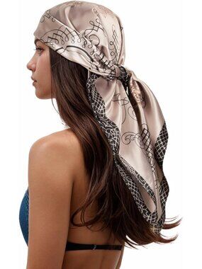 Women's Light Brown Printed Square Scarf Bandanas Hair Scarf 35 Inches